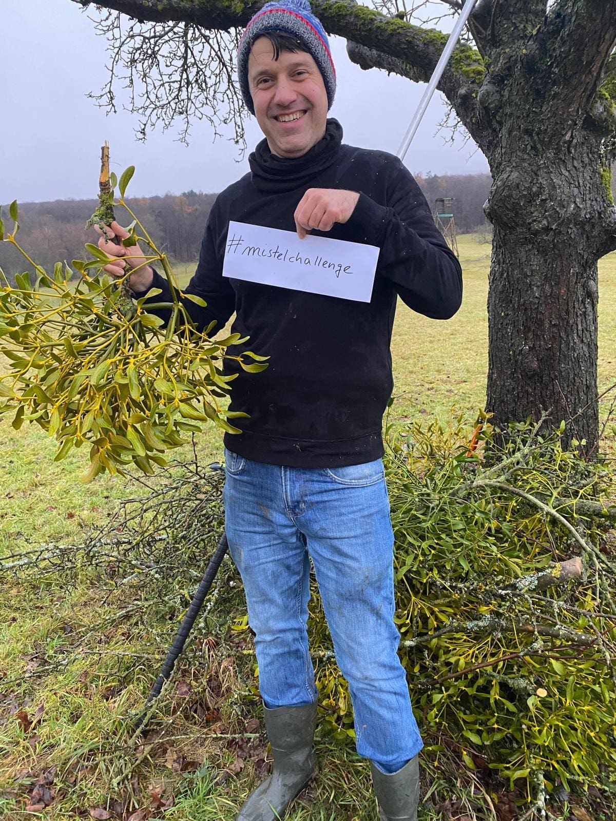 ein Mann mit Mistel in der rechten Hand steht vor einem Haufen mit Misteln unter einem Baum